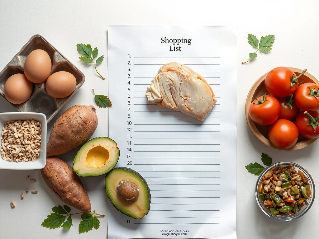 Produkty z listy zakupów rozłożone na stole.