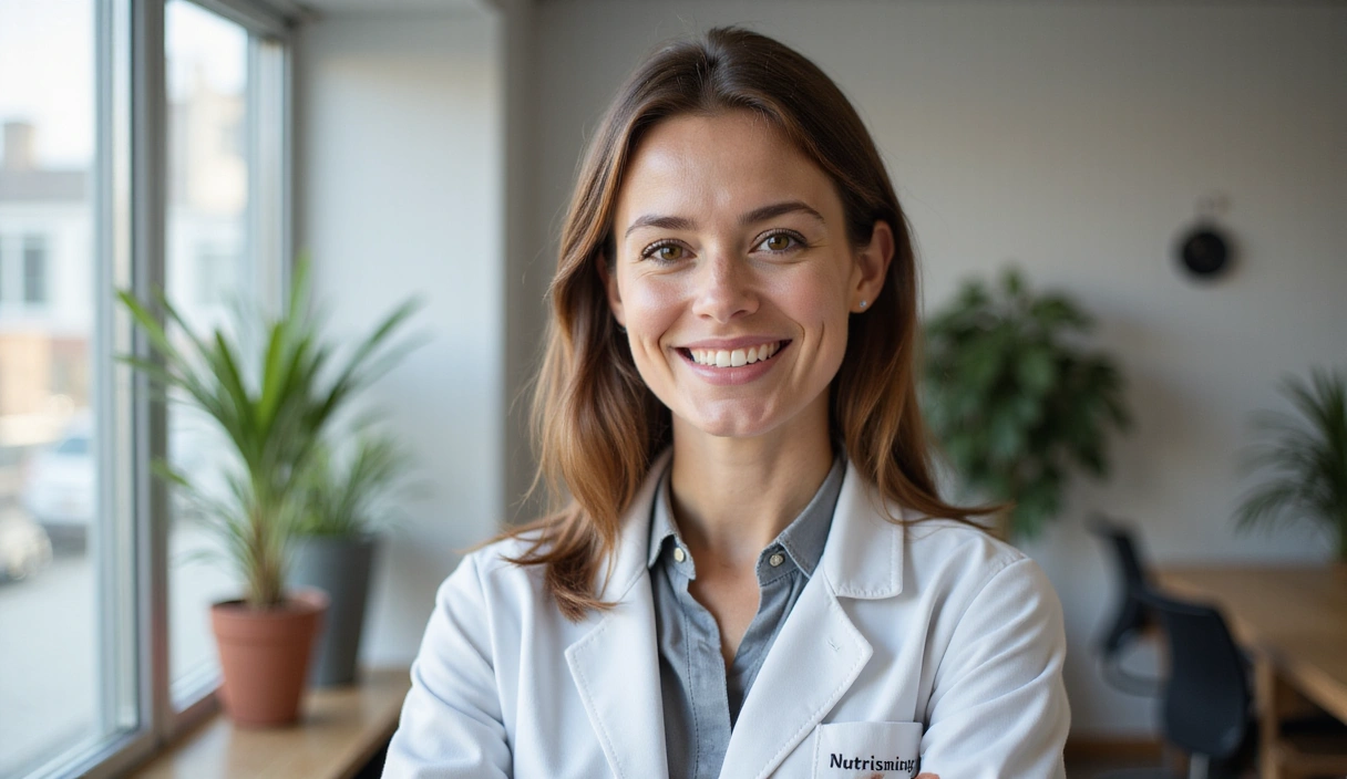 Image of a professional, friendly nutritionist in a clean, modern office setting, possibly interacting with a client or looking directly at the camera.