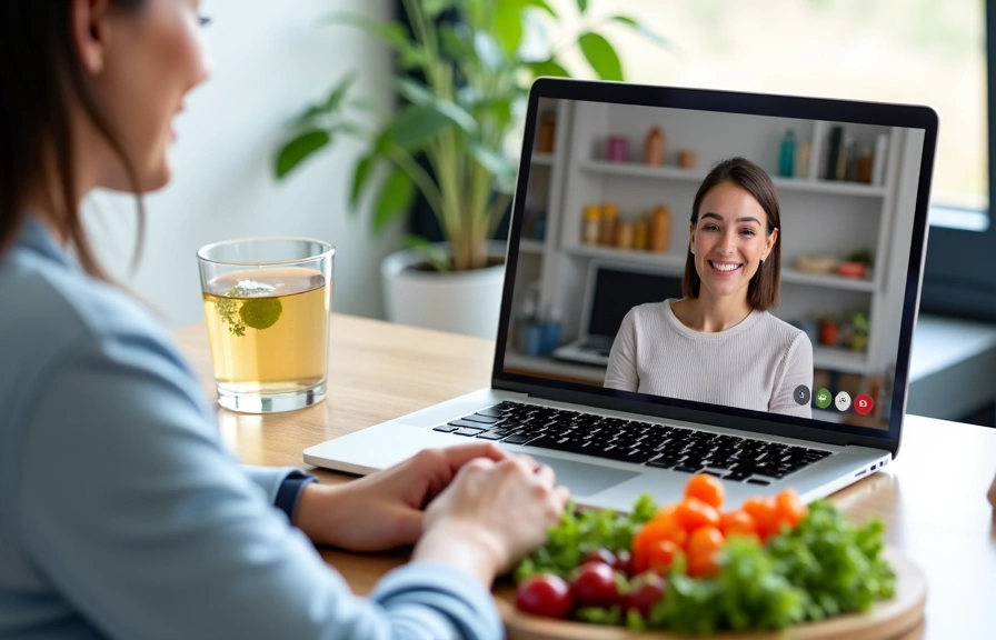 A woman smiling and interacting with a nutritionist on a laptop screen during an online video call, with a vibrant and healthy salad and a glass of water on the desk beside her, emphasizing ease and accessibility of online consultations.